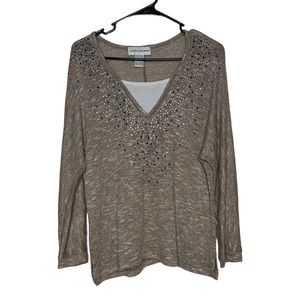 Cathy Daniels Womens Brown Embellished Sleeve Sweater Layered V-Neck Size Large